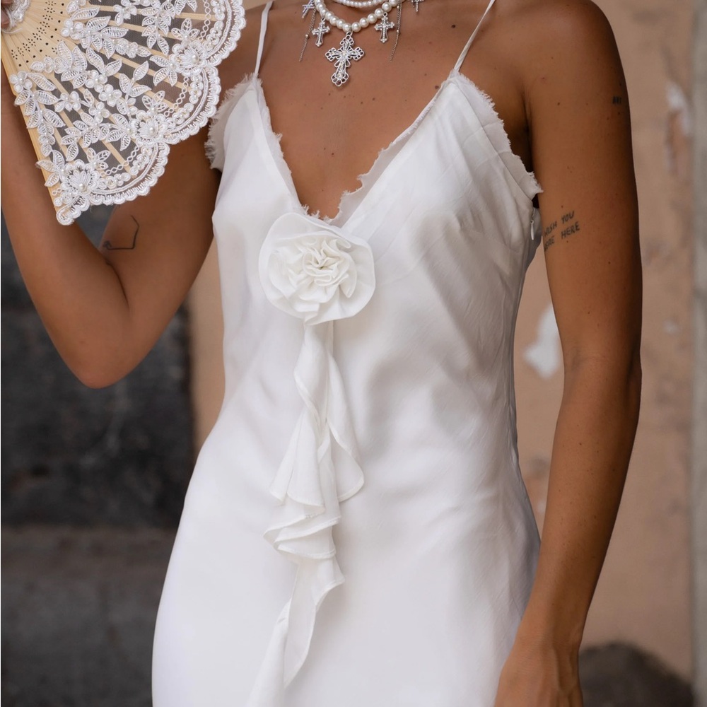 12th Tribe Prosecco White Rosette Frill Maxi Dress